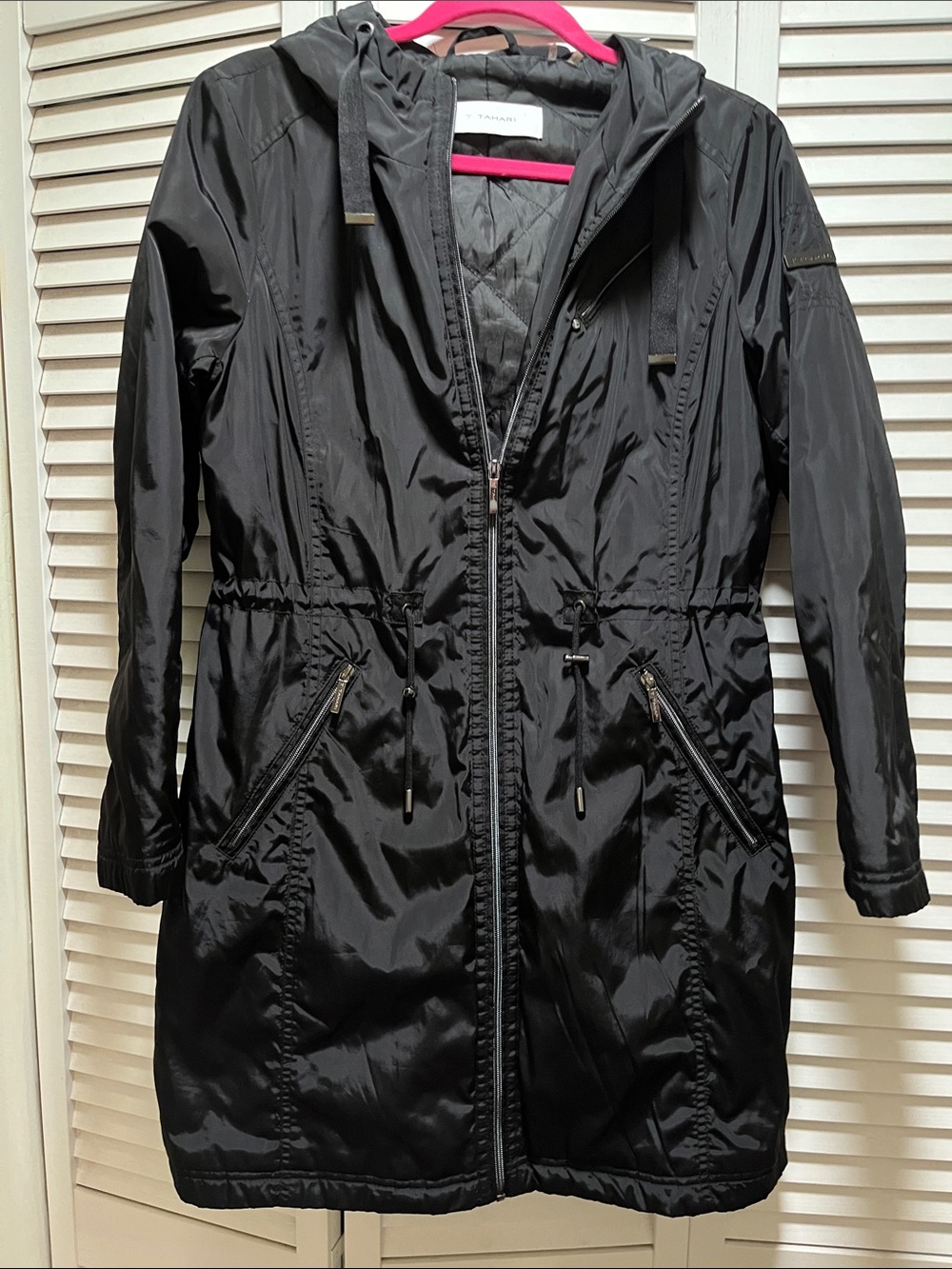 T Tahari Black Hooded Trench Coat with Zip Pockets